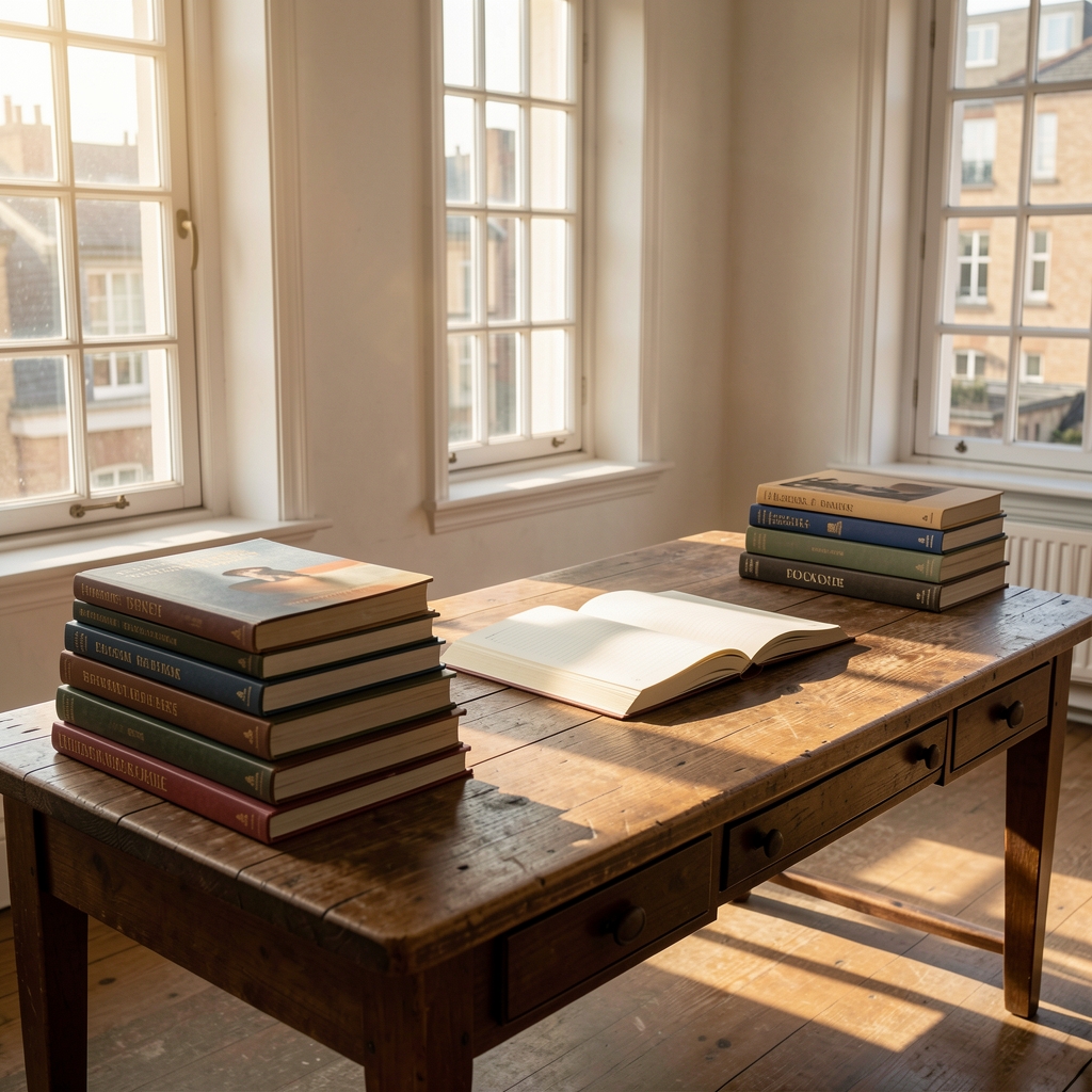 Two editors seated at a large wooden conference table reviewing printed pages in a quiet London editorial office, natural light from tall windows