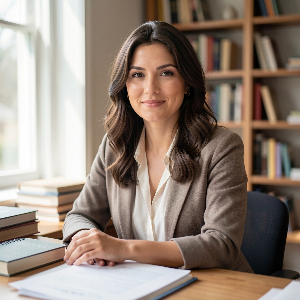 Portrait of a woman in a light-filled study room, seated at a desk with books and papers, natural window light, professional editorial setting