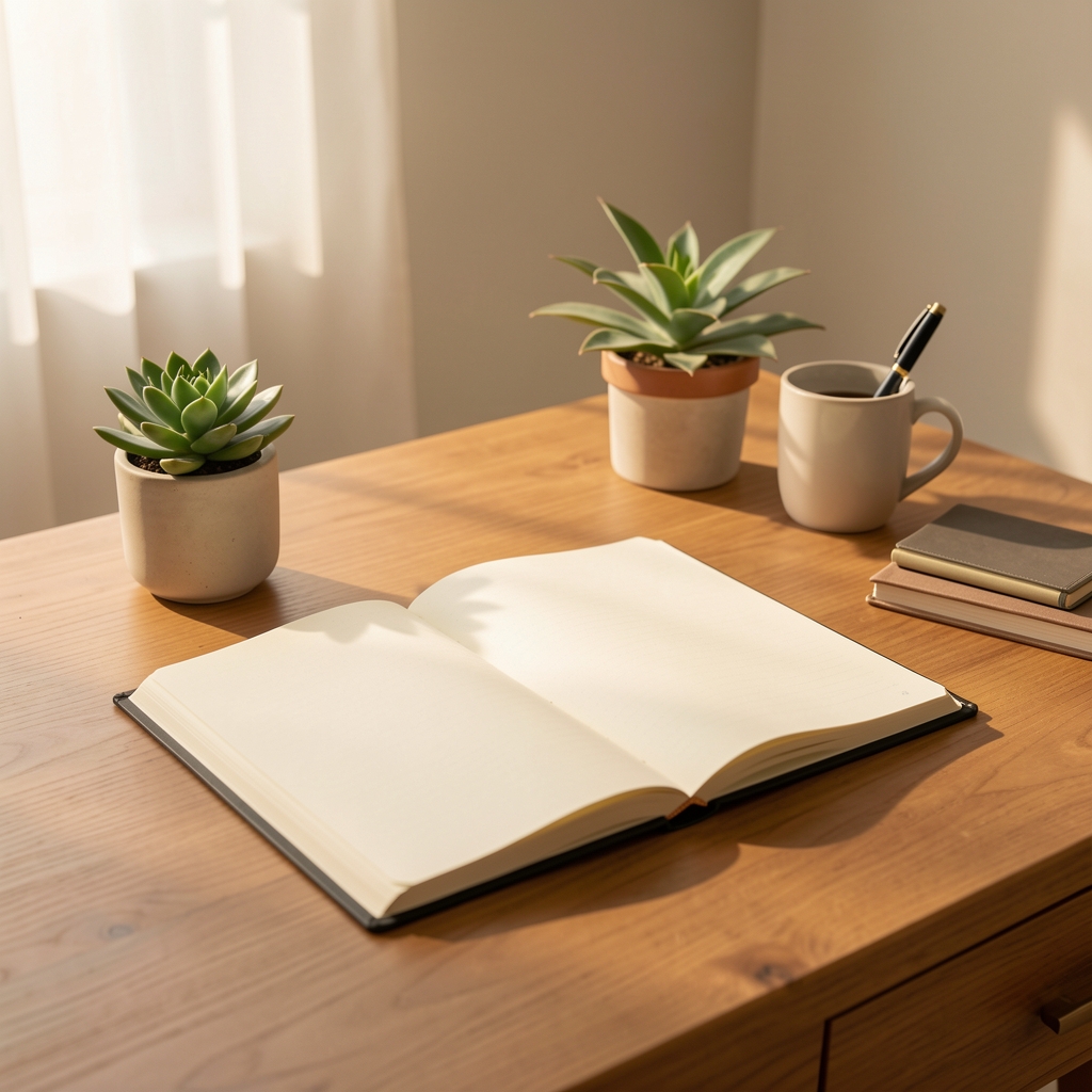 A neatly arranged workspace with an open journal, a small plant, and minimal desk objects under warm afternoon light, conveying structured daily practice