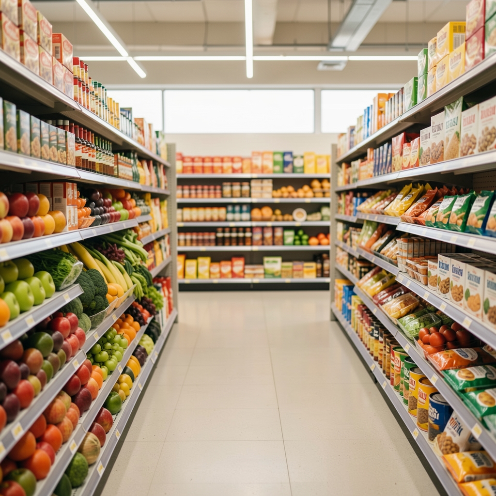 A well-lit grocery aisle with neatly shelved produce and packaged goods, shallow depth of field, representing the visual abundance of food environments