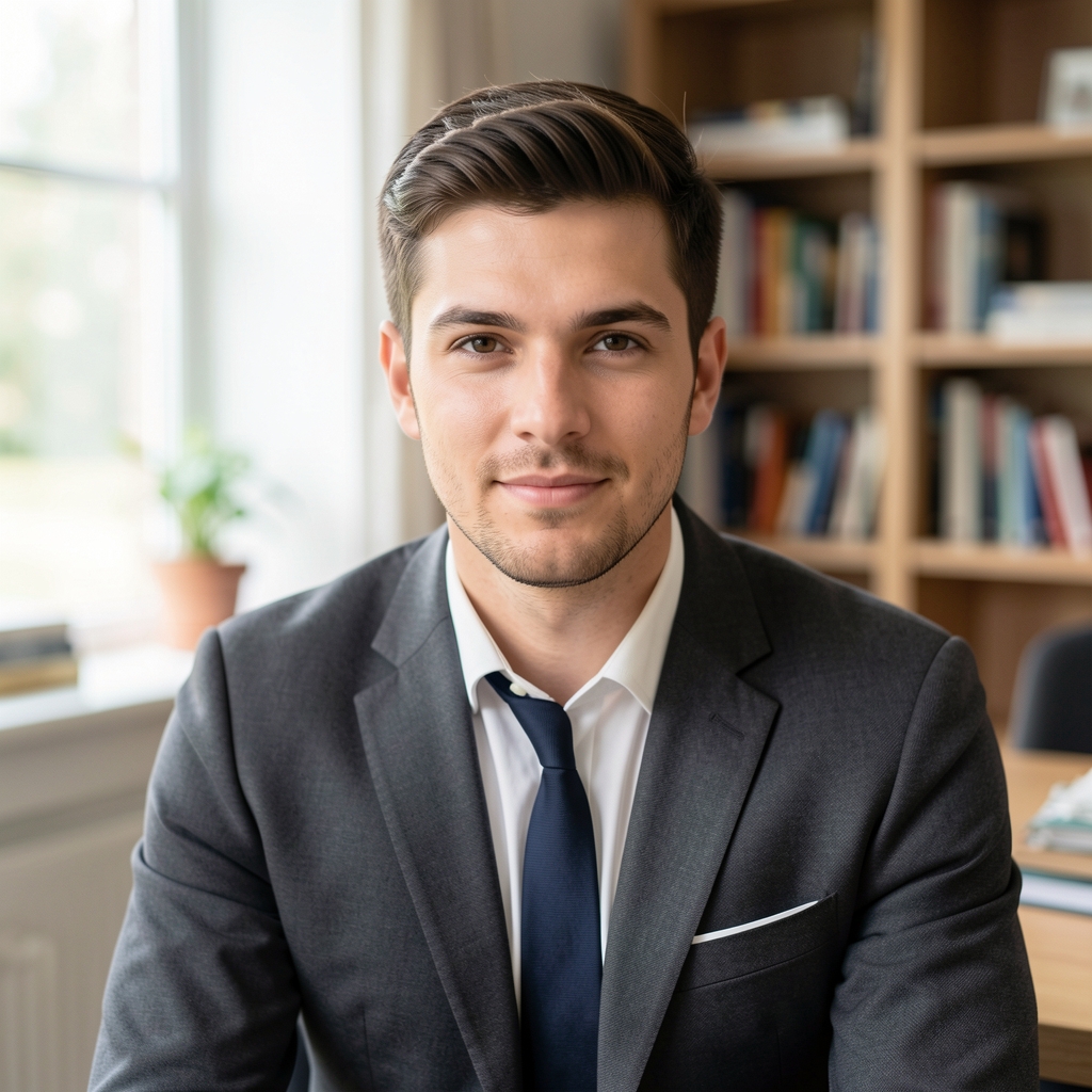 Portrait of Tobias Marsden, senior editor at Tarnela Review, seated in a light-filled study environment
