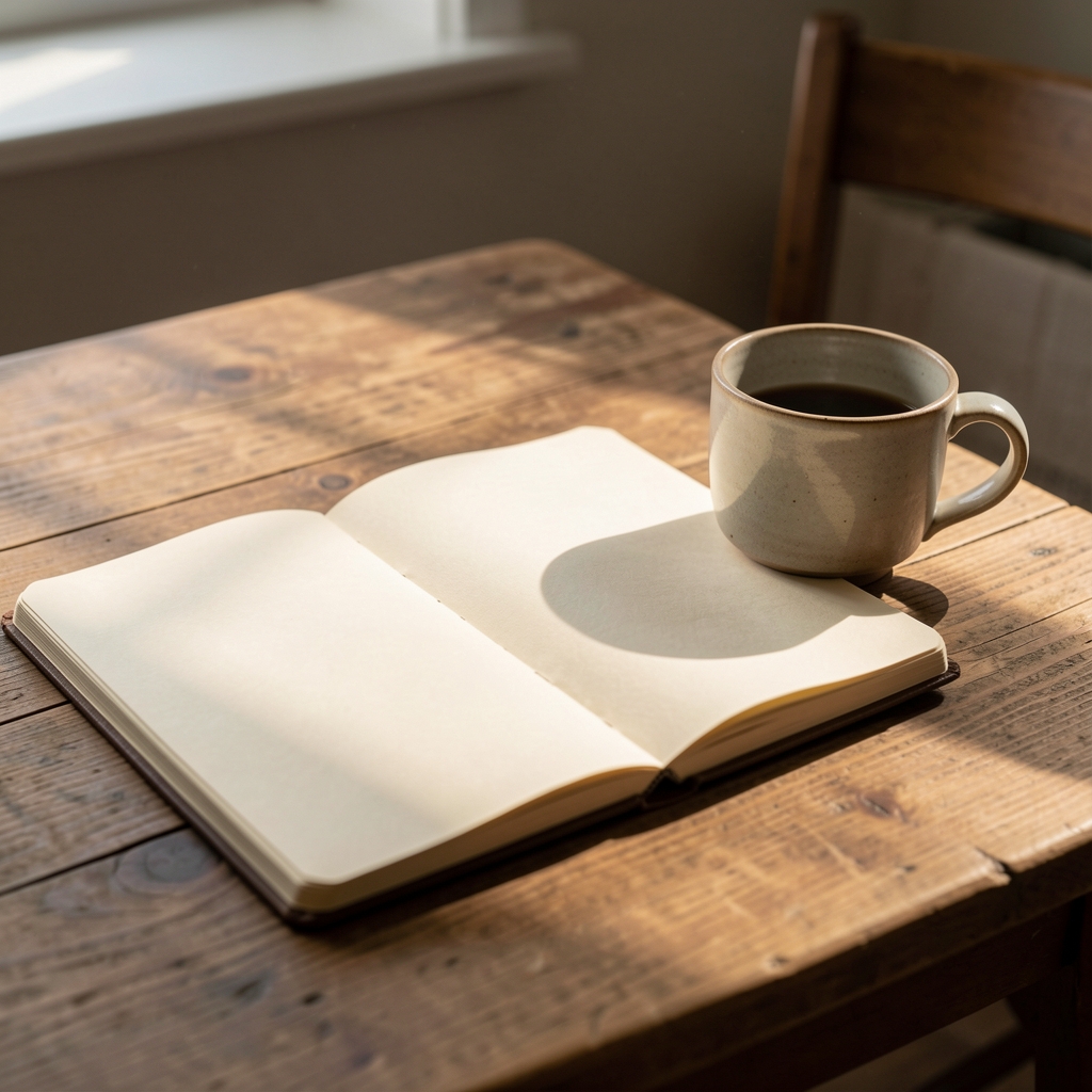 Serene morning light falling across an open notebook and a single ceramic cup on a wooden table, conveying a mood of quiet reflection
